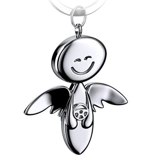 Schutzengel Schlüsselanhänger Smile mit Lenkrad - Edler Engel Anhänger aus Metall in glänzendem Silber - Geschenk Glücksbringer Auto Führerschein - Fahr vorsichtig